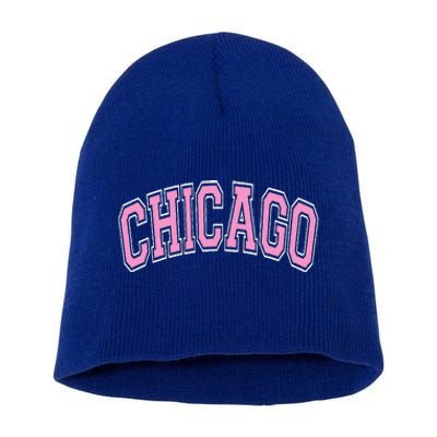 Chicago Illinois IL Varsity Style Pink Text Short Acrylic Beanie