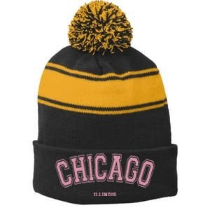 Chicago Illinois Il Varsity Style On Chicago Stripe Pom Pom Beanie