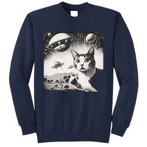 Cat Incident Involving UAPs Funny UFO Retro Aliens Tall Sweatshirt