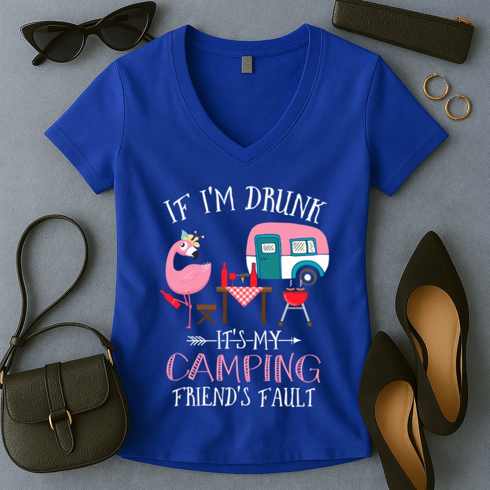 Camper If IM Drunk ItS My Camping Friends Fault Flamingo Great Gift Women's V-Neck T-Shirt