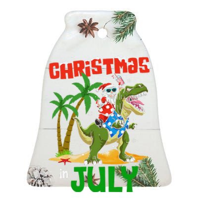 Christmas In July Santa Dinosaur Rex Dino Ceramic Bell Ornament