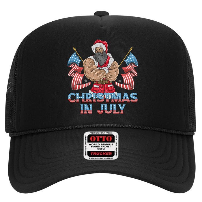 Christmas In July Patriotic Santa Claus American Usa Flag High Crown Mesh Back Trucker Hat