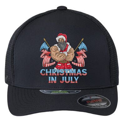 Christmas In July Patriotic Santa Claus American Usa Flag Flexfit Unipanel Trucker Cap