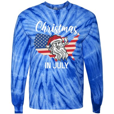 Christmas In July Santa 4th Of July American Flag Patriotici Gift Tie-Dye Long Sleeve Shirt