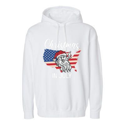 Christmas In July Santa 4th Of July American Flag Patriotici Gift Garment-Dyed Fleece Hoodie