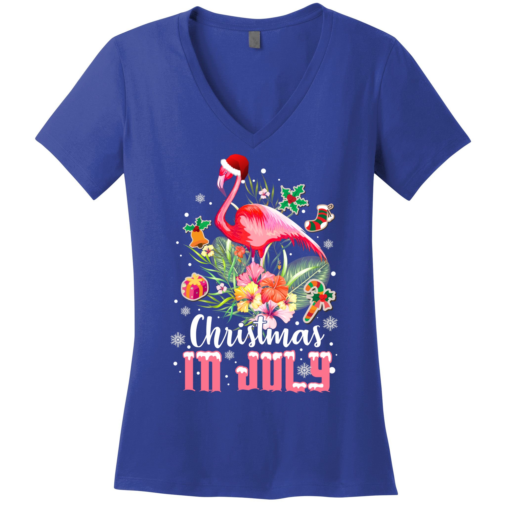 Christmas In July Cool Gift Pink Flamingo Gift Women's V-Neck T-Shirt
