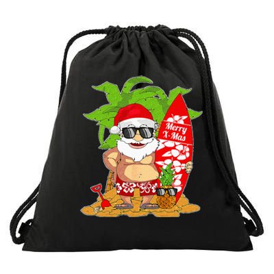 Christmas In July Santa Surfing Hawaiian Party Drawstring Bag