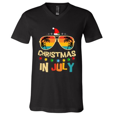 Christmas In July Santa Hat Sunglasses Summer Vacation V-Neck T-Shirt