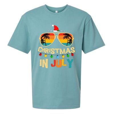 Christmas In July Santa Hat Sunglasses Summer Vacation Sueded Cloud Jersey T-Shirt