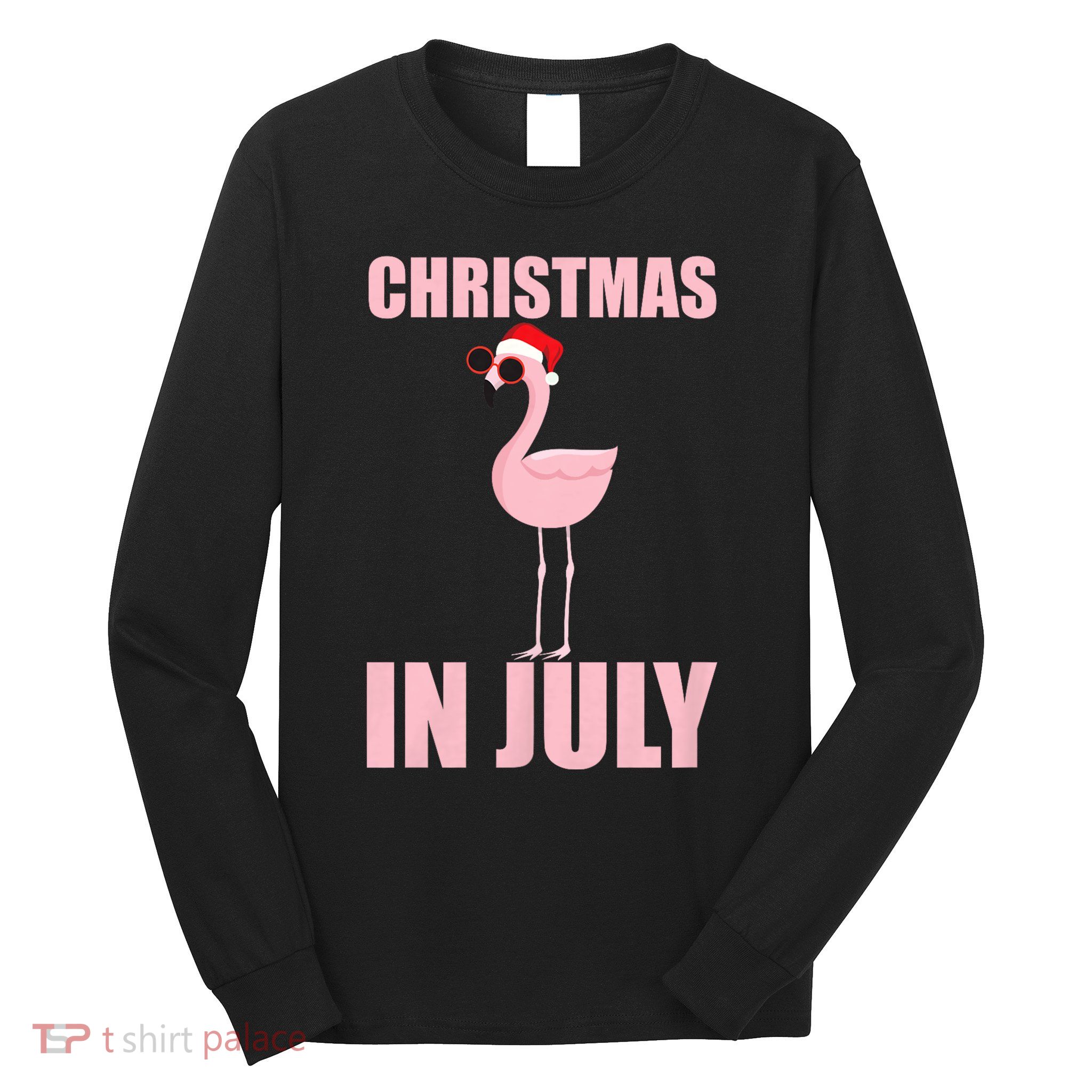 Christmas In July | Funny Flamingo In Santa Hat Long Sleeve Shirt