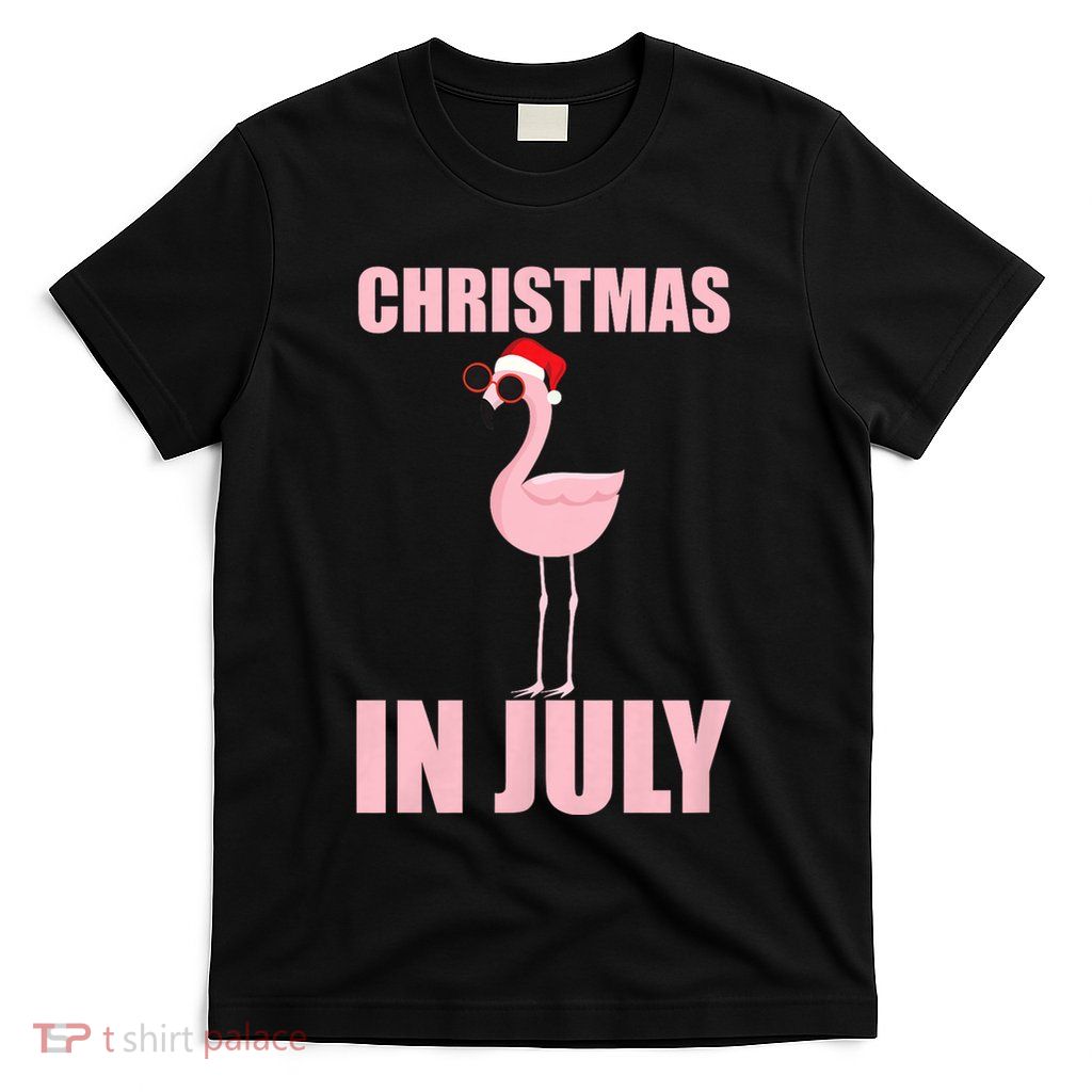 Christmas In July | Funny Flamingo In Santa Hat T-Shirt