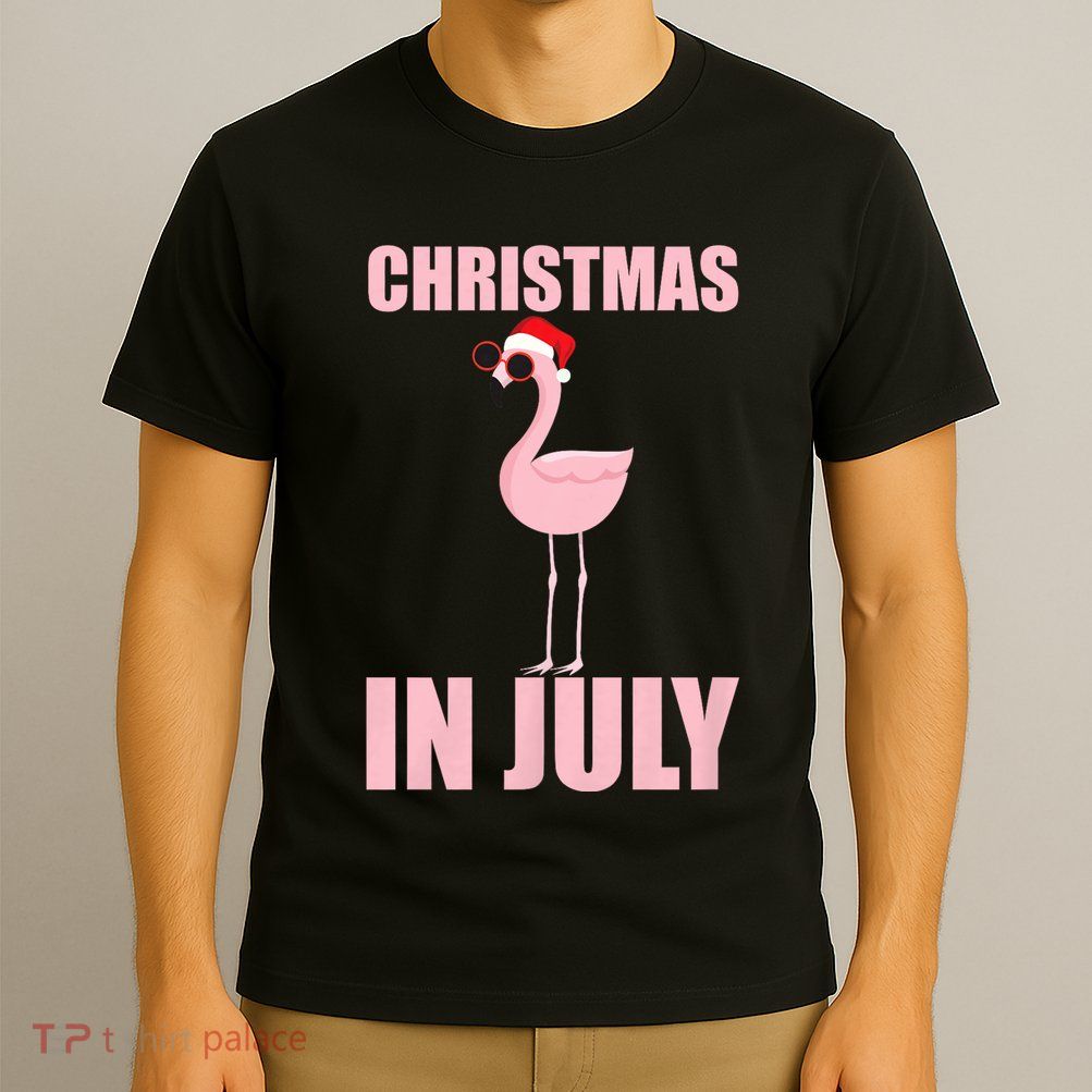 Christmas In July | Funny Flamingo In Santa Hat T-Shirt