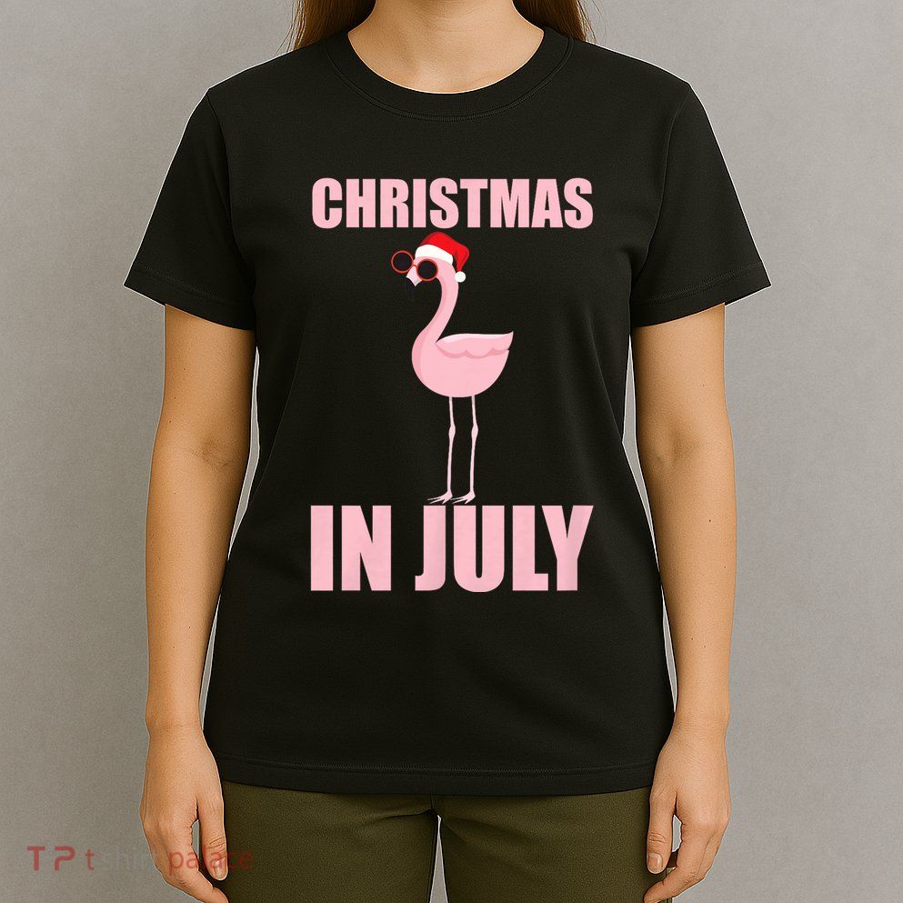 Christmas In July | Funny Flamingo In Santa Hat T-Shirt
