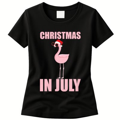 Christmas In July | Funny Flamingo In Santa Hat Womens T-Shirt
