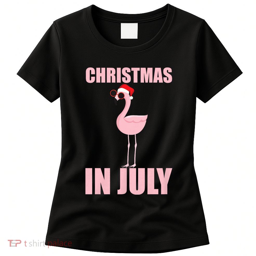 Christmas In July | Funny Flamingo In Santa Hat Womens T-Shirt