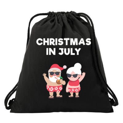 Christmas In July Funny Mr and Mrs Santa Claus Beach Drawstring Bag