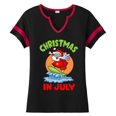 Christmas In July Santa Surfing Hawaiian Party Ladies Halftime Notch Neck Tee