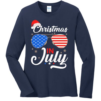 Christmas In July Funny 4th Of July Beach Summer Christmas Ladies Long Sleeve Shirt