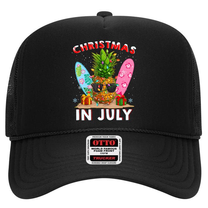 Christmas In July Pineapple Surf Santa Summer Tree High Crown Mesh Back Trucker Hat