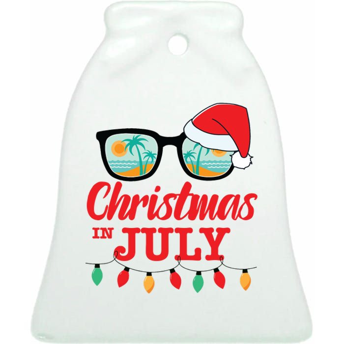 Christmas In July With Sunglasses Santa Hat For Summer Xmas Ceramic Bell Ornament