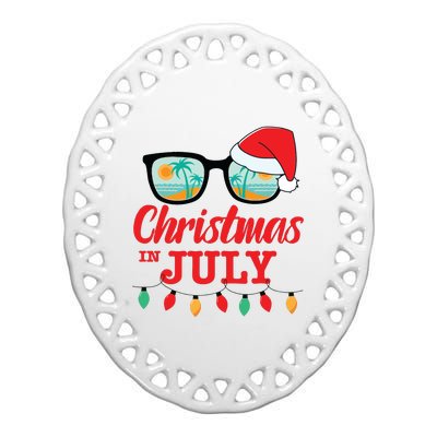 Christmas In July With Sunglasses Santa Hat For Summer Xmas Ceramic Oval Ornament