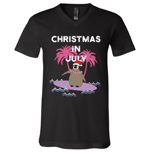 Christmas In July Surfer Baby Penguin V-Neck T-Shirt