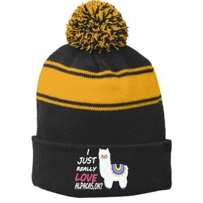 Cute I Just Really Like Alpacas Ok Funny Alpaca Stripe Pom Pom Beanie