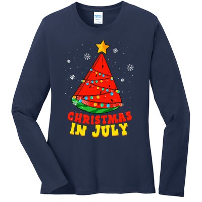 Christmas In July Watermelon Tree Summer Vacation Ladies Long Sleeve Shirt