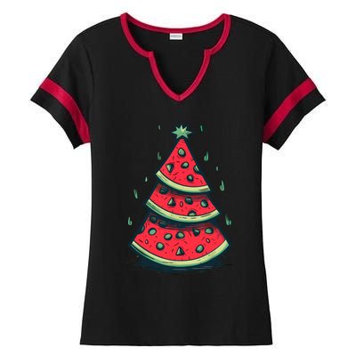 Christmas In July Watermelon Christmas Tree Summer Vacation Ladies Halftime Notch Neck Tee