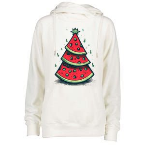 Christmas In July Watermelon Christmas Tree Summer Vacation Womens Funnel Neck Pullover Hood