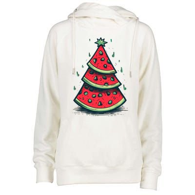 Christmas In July Watermelon Christmas Tree Summer Vacation Womens Funnel Neck Pullover Hood