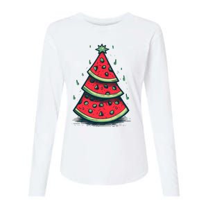 Christmas In July Watermelon Christmas Tree Summer Vacation Womens Cotton Relaxed Long Sleeve T-Shirt