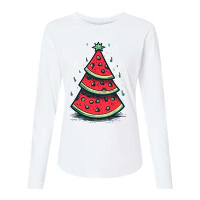 Christmas In July Watermelon Christmas Tree Summer Vacation Womens Cotton Relaxed Long Sleeve T-Shirt