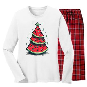 Christmas In July Watermelon Christmas Tree Summer Vacation Women's Long Sleeve Flannel Pajama Set 