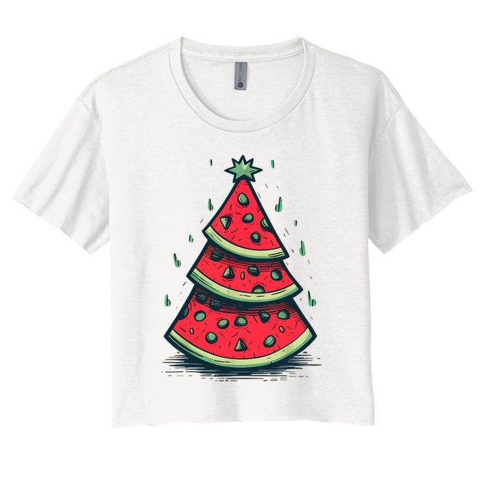 Christmas In July Watermelon Christmas Tree Summer Vacation Women's Crop Top Tee