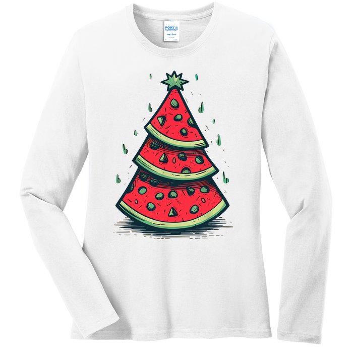 Christmas In July Watermelon Christmas Tree Summer Vacation Ladies Long Sleeve Shirt