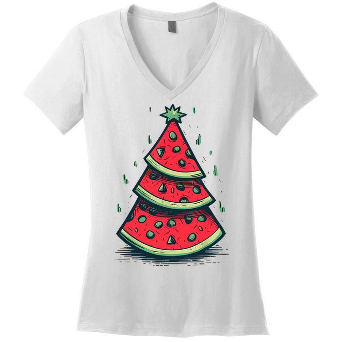 Christmas In July Watermelon Christmas Tree Summer Vacation Women's V-Neck T-Shirt