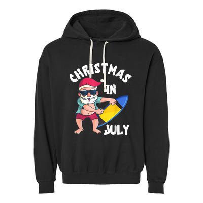 Christmas In July Santa Surfboard Summer Vacation Surfiing Garment-Dyed Fleece Hoodie