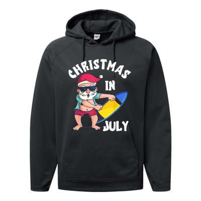 Christmas In July Santa Surfboard Summer Vacation Surfiing Performance Fleece Hoodie