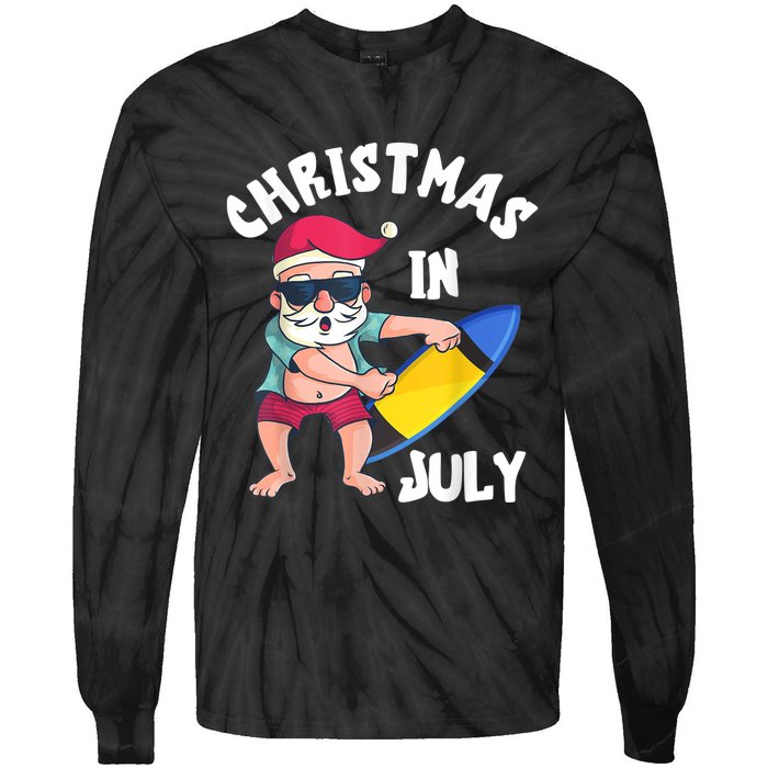 Christmas In July Santa Surfboard Summer Vacation Surfiing Tie-Dye Long Sleeve Shirt