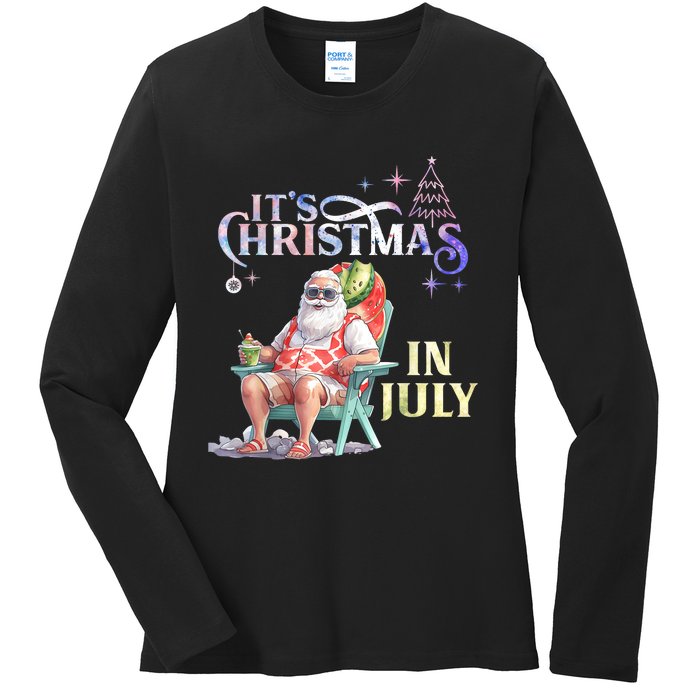 Christmas In July Santa Beach Summer Float Xmas Funny Christmas In July Shirts Ladies Long Sleeve Shirt