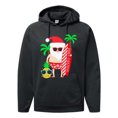 christmas in july party costume clothing santa surfing Performance Fleece Hoodie