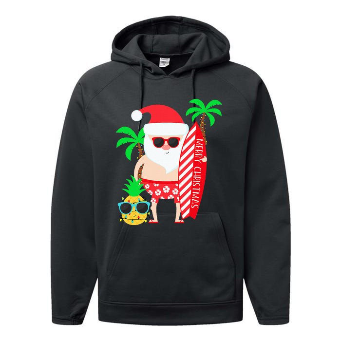 christmas in july party costume clothing santa surfing Performance Fleece Hoodie