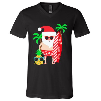 christmas in july party costume clothing santa surfing V-Neck T-Shirt