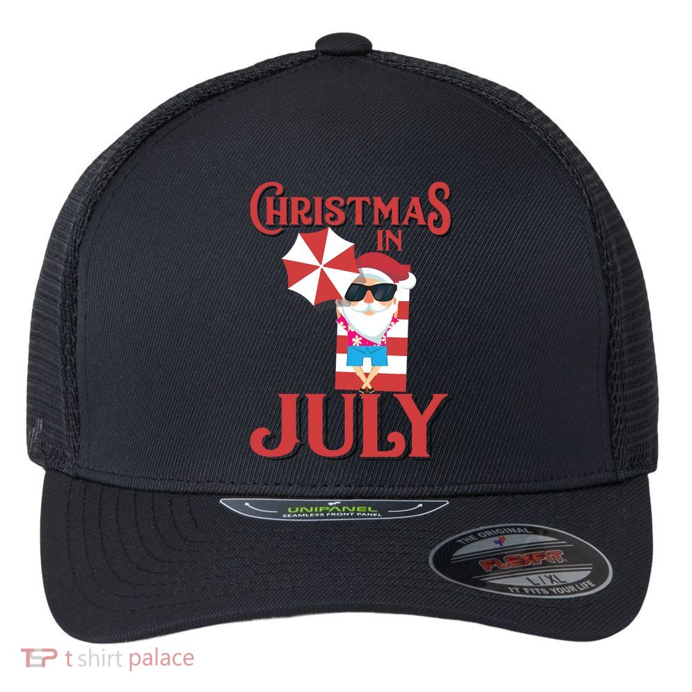 Christmas In July | Cute Beach Santa Claus Gift Flexfit Unipanel Trucker Cap