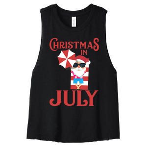 Christmas In July | Cute Beach Santa Claus Gift Women's Racerback Cropped Tank