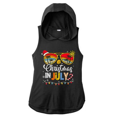 Christmas In July Santa Hat Sunglasses Summer Vacation Ladies PosiCharge Tri-Blend Wicking Draft Hoodie Tank