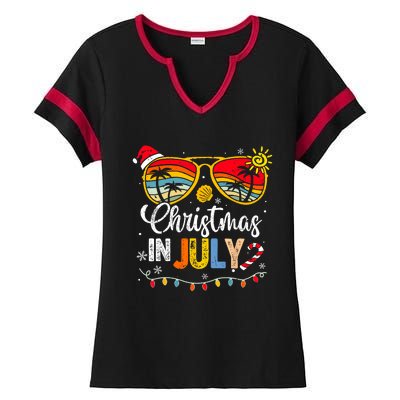 Christmas In July Santa Hat Sunglasses Summer Vacation Ladies Halftime Notch Neck Tee