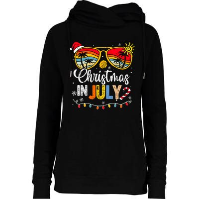 Christmas In July Santa Hat Sunglasses Summer Vacation Womens Funnel Neck Pullover Hood