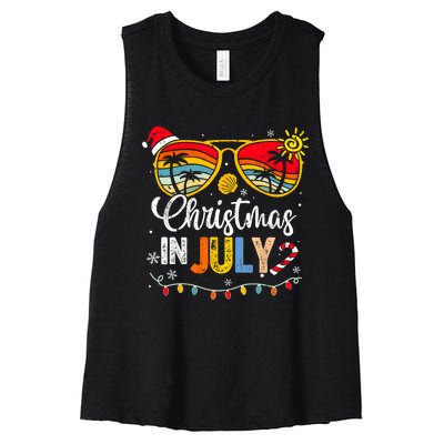 Christmas In July Santa Hat Sunglasses Summer Vacation Women's Racerback Cropped Tank